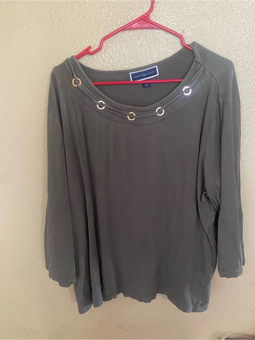 Karen Scott Olive Green Long-Sleeve Grommet Neck Top